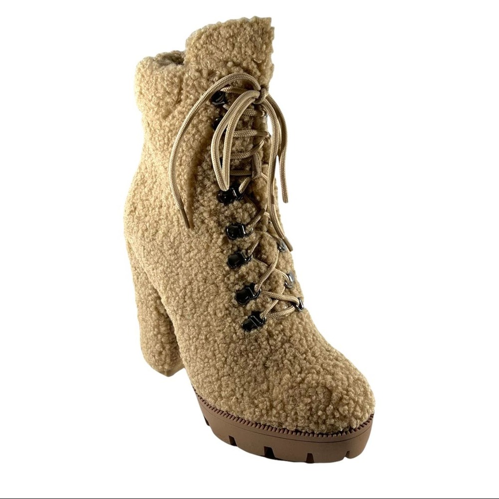 AZALEA WANG Fleece Combat Boots Beige lace up Lug Sole NEW WITH BOX 8.5 - Picture 8 of 14